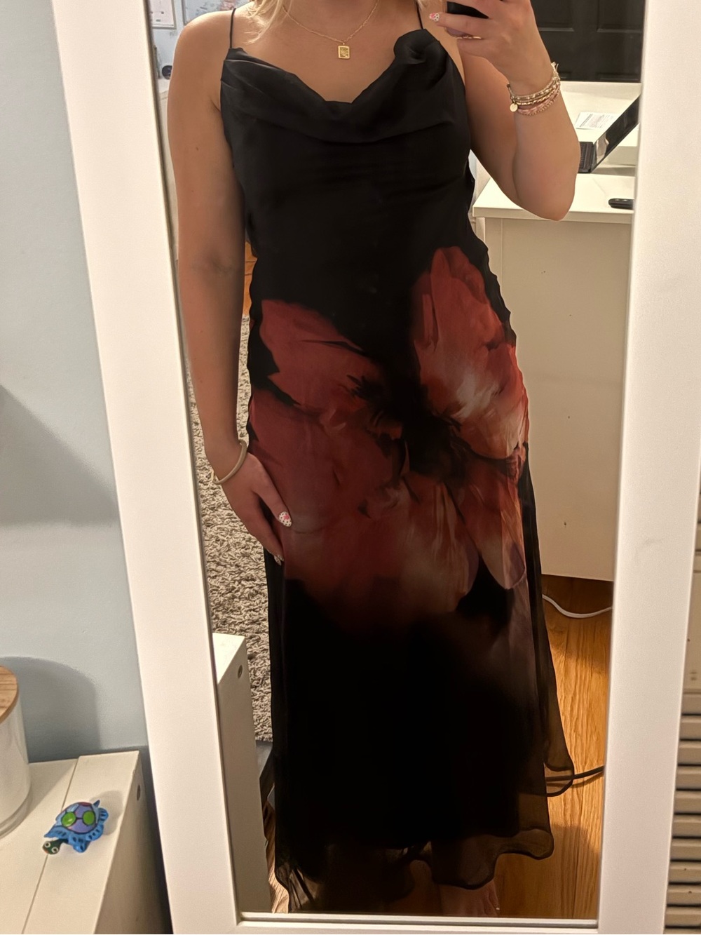 ASOS Black Maxi Slip Dress with Large Red Floral and open back